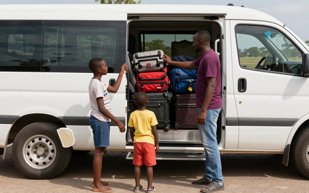 family preparing for airport transfer in Tanzania