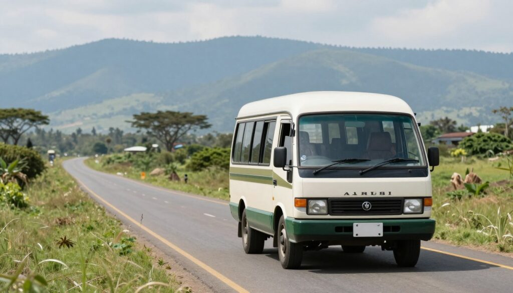 shuttle bus traveling toward Arusha
